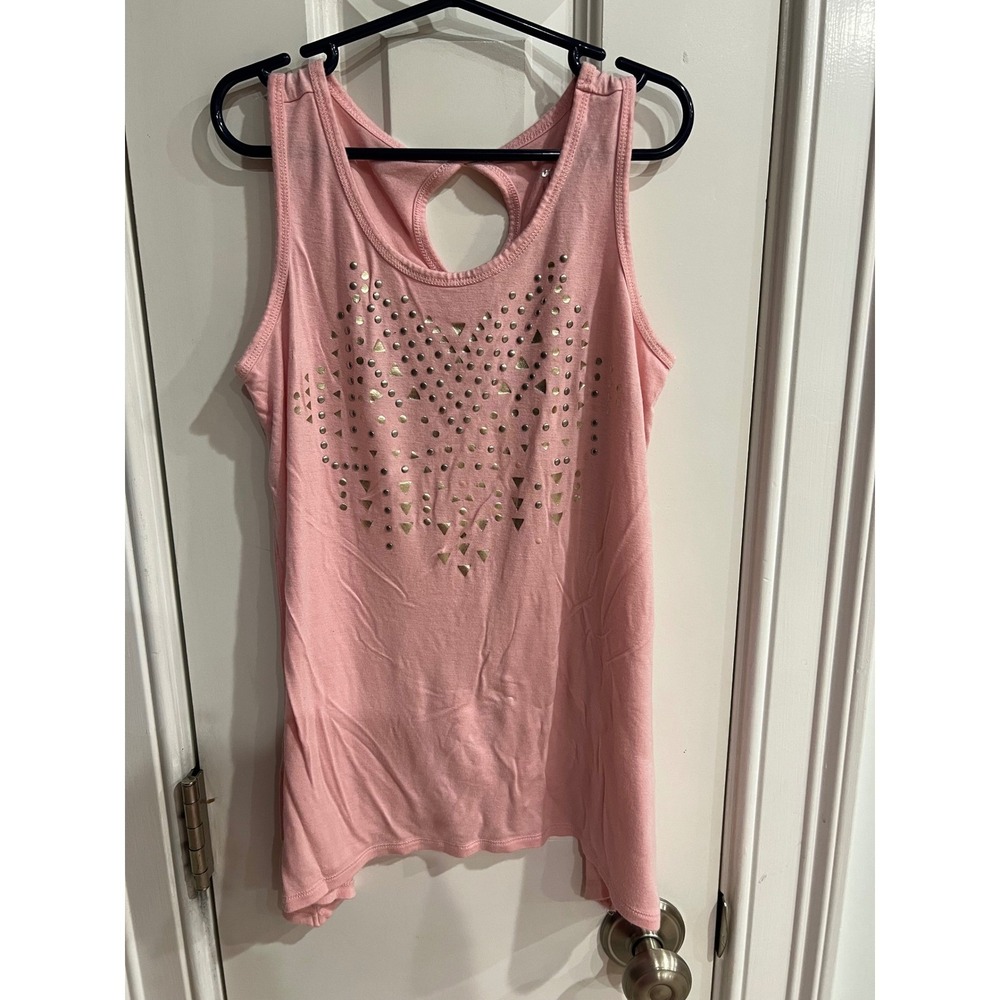 Justice Girls Pink Studded Heart Tank Top Sharkbite Hem Keyhole Back Size 10